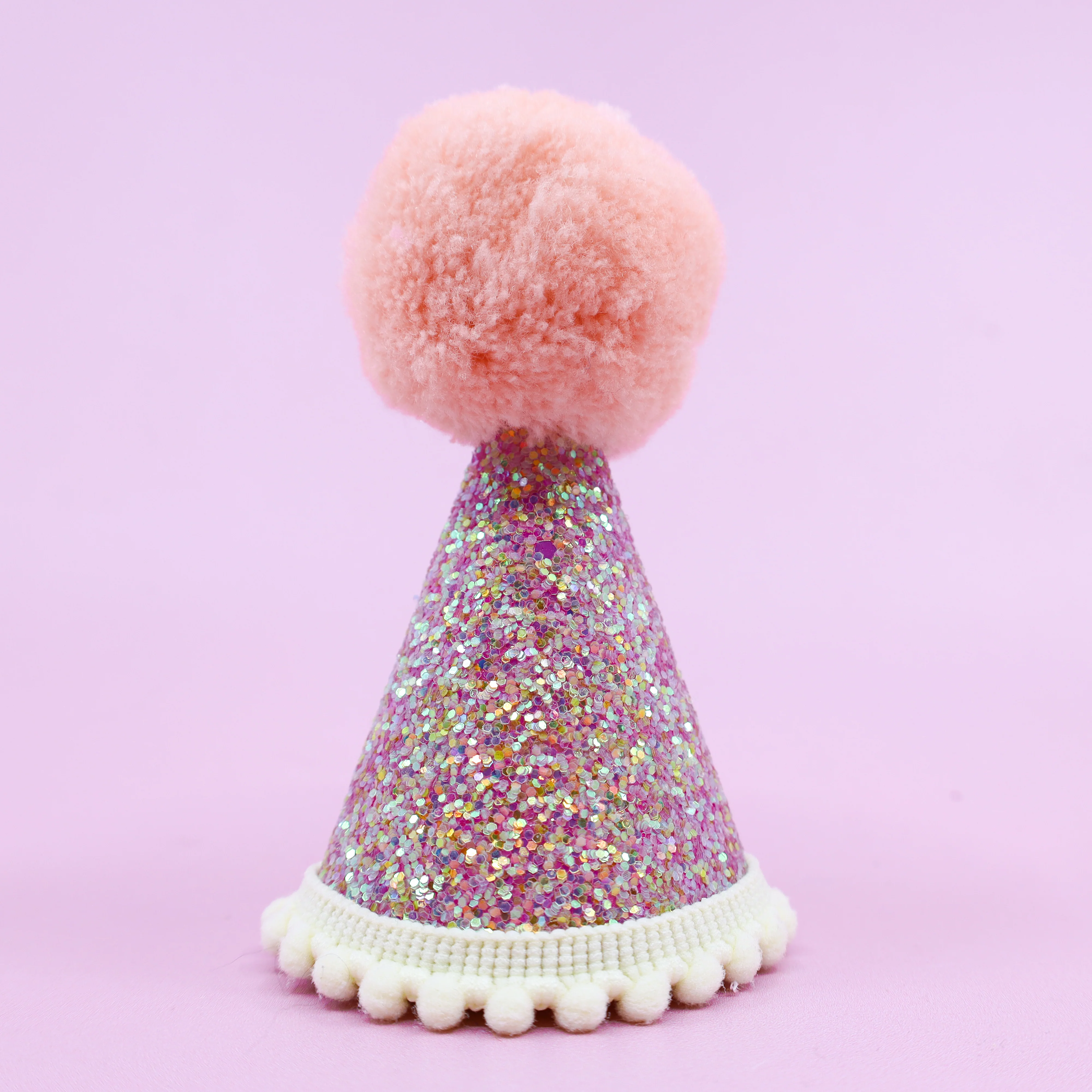 Pawty Hat: Pinky Sparkle, Yellow Trim & Peachy Pom Pom